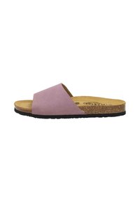 Pink suede slide sandal with a cork midsole and black rubber outsole, featuring a wide crossover strap design.