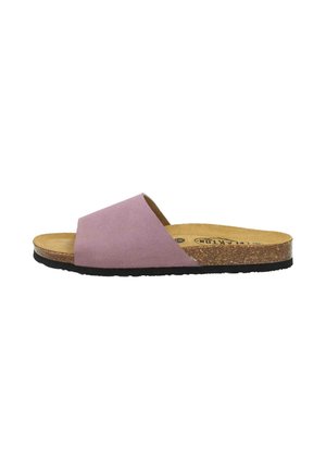 Pink suede slide sandal with a cork midsole and black rubber outsole, featuring a wide crossover strap design.