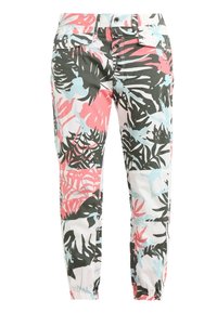 Lätta byxor med ett flerfärgat tropiskt bladmönster i rosa, grönt och blått, med en dragkedjeficka och elastiska mudd.