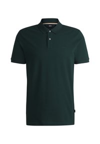 Mørkegrøn polo-shirt lavet af glat stof, med en klassisk krave, to-knap lukning, korte ærmer og et diskret logo.