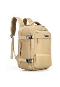 Mochila beige con múltiples cremalleras, correas ajustables acolchadas y bolsillos laterales. Fabricada con un tejido duradero, con una superficie texturizada.