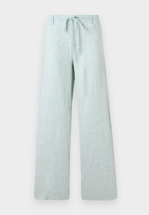 Light green wide-leg pants made of textured fabric. Features a drawstring waist and a button closure, with vertical stripes throughout.