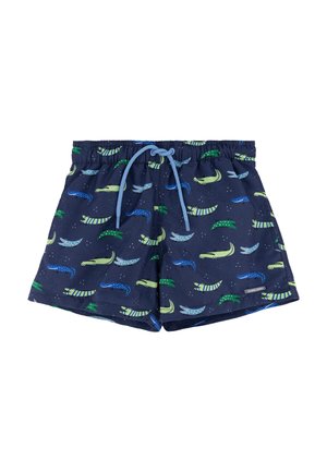 Bañador corto para niños azul marino con cordón azul claro y estampado completo de cocodrilos verdes y azules.