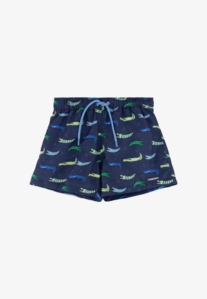 Bañador corto para niños azul marino con cordón azul claro y estampado completo de cocodrilos verdes y azules.