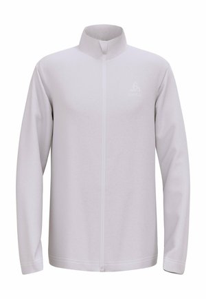 Hellgraue Zip-Jacke mit hohem Kragen, langen Ärmeln, glatter Textur und einem dezenten Logo auf der Brust. Einfaches Design und klare Linien.