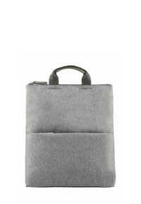 Borsa per laptop in tessuto grigio con maniglie superiori, tasca frontale e design minimalista. Presenta una texture liscia e un logo del marchio discreto sul davanti.