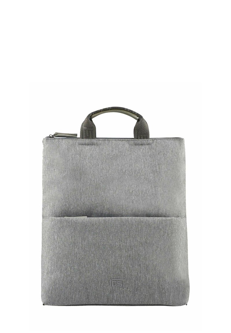 Borsa per laptop in tessuto grigio con maniglie superiori, tasca frontale e design minimalista. Presenta una texture liscia e un logo del marchio discreto sul davanti.