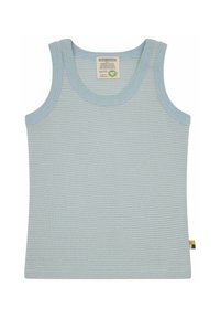 Hellblau gestreifter Tanktop mit rundem Halsausschnitt und ärmellosem Design. Hergestellt aus weichem Stoff, mit einem kleinen Etikett auf der Rückseite.