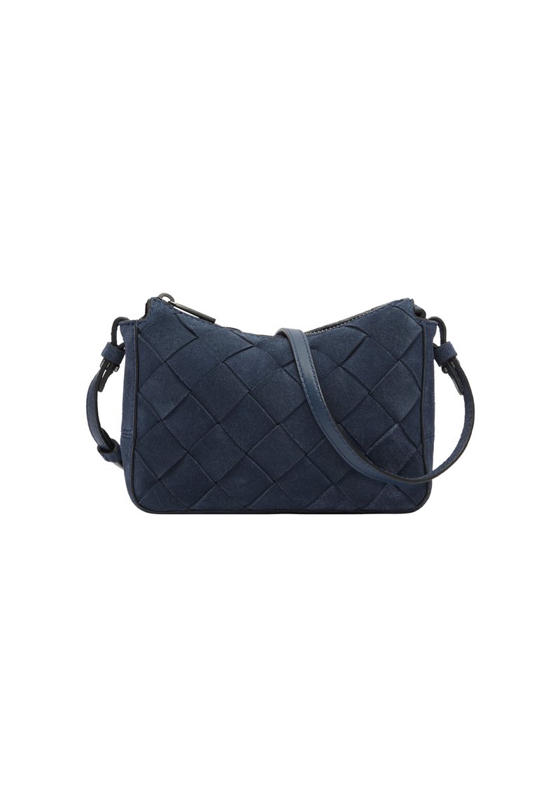 Granatowa zamszowa torebka na ramię o plecionym wykończeniu, z zamkiem błyskawicznym i smukłym, regulowanym paskiem. Prostokątna forma z ukośnymi krawędziami.