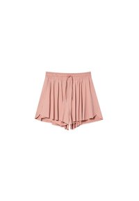 Pantalones cortos plisados de color rosa claro con una cinturilla elástica y cordón, que presentan dobladillos laterales curvados y un ajuste holgado y fluido.