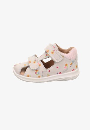 Sandalo bianco per bambini con stampe floreali gialle, rosa e blu, due cinturini in Velcro e colletto del tallone rinforzato.