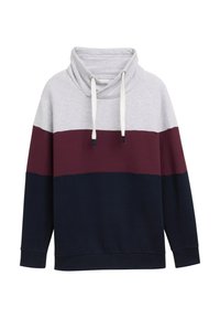 Felpa con cappuccio grigia, borgogna e blu navy. Presenta un collo a drappeggio, lacci e texture a coste. Design con blocchi di colore e maniche lunghe.