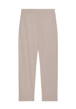 Pantalones beige de cintura alta y pierna recta con bolsillos laterales y un diseño limpio y minimalista, mostrados sobre un fondo blanco.
