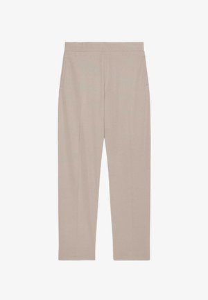 Beżowe spodnie o prostych nogawkach z wysokim stanem, posiadające boczne kieszenie i czysty, minimalistyczny design, prezentowane na białym tle.