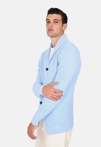 Cardigan lavorato a maglia di colore azzurro chiaro con collo a scialle, bottoni neri, polsini e orlo a coste, caratterizzato da un motivo testurizzato su tutta la superficie.