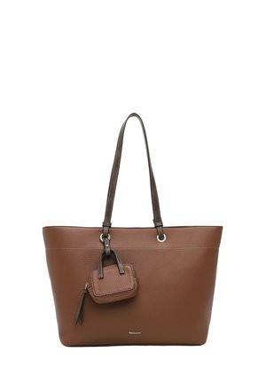 Braune strukturierte Ledertasche mit doppelten Schulterriemen und einer kleinen angebrachten passenden Tasche mit Reißverschluss.