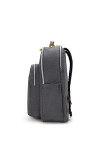 Zaino grigio con doppia zip, maniglia superiore e spallacci imbottiti. Presenta una tasca laterale e un tessuto testurizzato per la durata.
