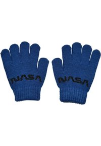 Kék, ujjaik végén nyitott kötött kesztyű, fekete "NASA" logóval a csukló részén. Puha, texturált anyagból készült.