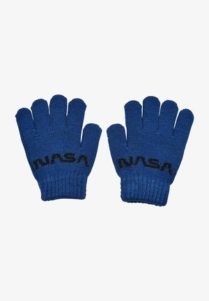 Manusi tricotate albastre cu degete expuse, având logo-ul "NASA" în negru pe zona încheieturii. Realizate dintr-un material moale, texturat.