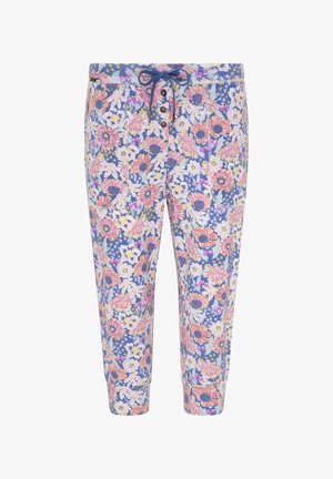 Blumen-Cropped-Hosen mit blauem Hintergrund und Mustern aus rosa, gelben und weißen Blumen, verstellbarem Bund und Knopfakzenten.