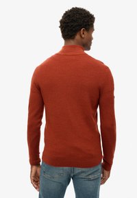 Suéter de color óxido con una textura acanalada, mangas largas y cuello tipo polo. La vista trasera muestra un diseño ajustado y un sutil detalle de costuras.