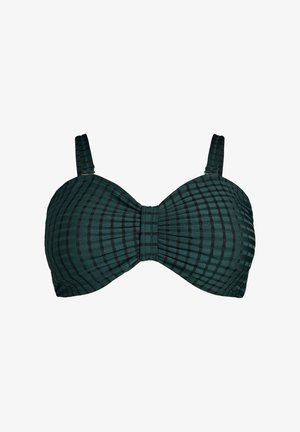 Dark green checkered bikini top featuring soft cups, pleated detailing, and adjustable straps. Smooth texture with a structured shape.