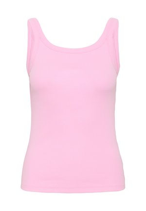 Canotta a coste senza maniche color rosa chiaro solido con spalline larghe e scollo arrotondato su sfondo bianco.