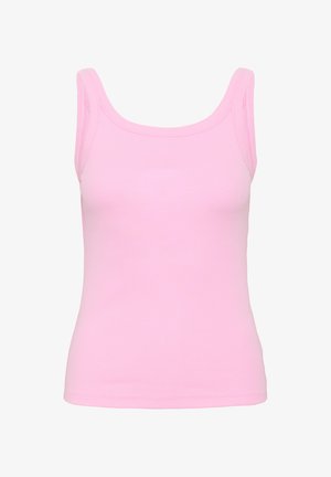 Canotta a coste senza maniche color rosa chiaro solido con spalline larghe e scollo arrotondato su sfondo bianco.