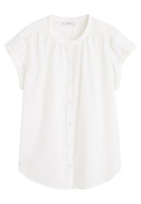 White short-sleeve button-up blouse with round neckline and subtle gathered details at shoulder seams.