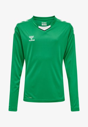 Lange mouwen groene sporttrui van een lichtgewicht materiaal, met een V-hals, zwarte afwerking en witte accenten op de schouders.