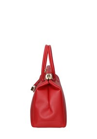 Borsa a mano rossa in pelle con finitura testurizzata, dotata di due manici, chiusura con zip dorata e forma strutturata.