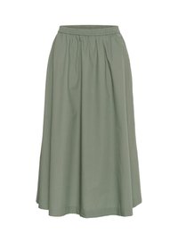 Green, knee-length skirt made of lightweight fabric with a gathered waist and a flowy shape. No visible patterns or embellishments.