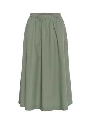 Green, knee-length skirt made of lightweight fabric with a gathered waist and a flowy shape. No visible patterns or embellishments.
