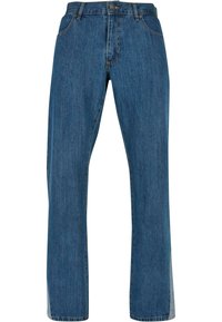 Blå denim jeans med lige ben, knaplukning og fem-lomme stil med kontrasterende syninger.