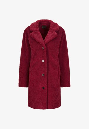 Burgunderfarbener Kunstfellmantel mit eingeknöpftem Kragen, langen Ärmeln und geradem Schnitt; verfügt über fünf schwarze Knöpfe an der Vorderseite.
