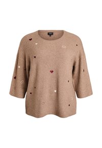 Maglione lavorato a maglia di colore marrone chiaro con maniche corte, caratterizzato da cuori ricamati in rosso, borgogna e crema sparsi su tutta la superficie.