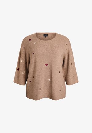 Knit sweater in light brown with short sleeves, featuring embroidered hearts in red, burgundy, and cream scattered throughout.