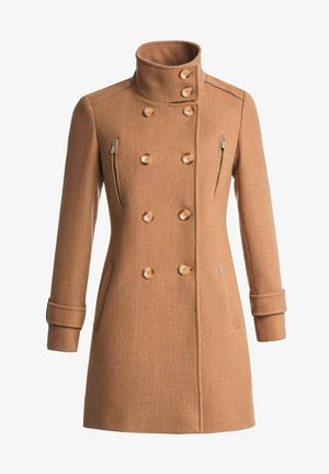 Manteau en laine marron avec un col haut, boutons double boutonnage et poches zippées sur les côtés. Comprend des manches à revers et une finition texturée.