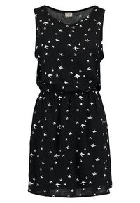 Vestito nero senza maniche con vita arricciata, realizzato in tessuto leggero, decorato con una stampa di uccelli bianchi su tutta la superficie.