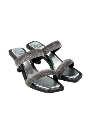 Black heeled sandals with two sparkly, horizontal straps, square toe shape, and a textured metallic footbed. Features a block heel.