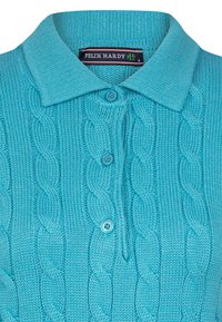 Polo shirt lavorato a maglia azzurro chiaro con motivo a treccia, tre bottoni e design con colletto. Etichetta del marchio visibile all'interno del colletto.