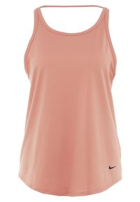 Débardeur pêche en matériau léger avec un ourlet arrondi, des bretelles fines et un petit logo Nike noir en bas à droite.