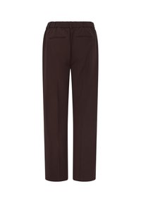 Pantalon droit marron foncé avec taille élastique et deux poches arrière horizontales sur fond blanc.