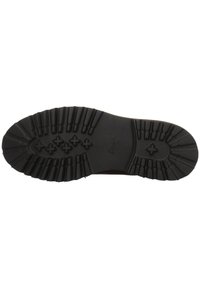 Semelle de chaussure en caoutchouc noir avec des motifs de crampons profonds, présentant des rainures alternées et des accents circulaires pour une traction et un soutien.