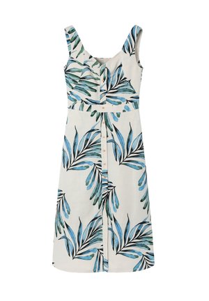 Ziedu kleita ar krēmkrāsas fonu un zilu un zaļu lapu rakstiem. Tam ir pogu priekšpuse un platai plecu siksnas.