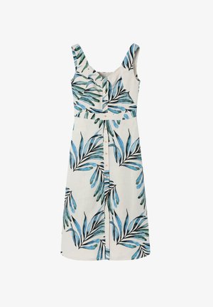 Abito floreale con uno sfondo crema e motivi di foglie blu e verdi. Ha una chiusura frontale con bottoni e spalline larghe.