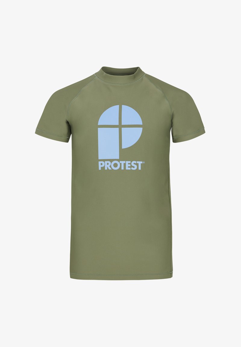 Trumpas rankovės, prigludęs surf marškinėliai alyvų žalia spalva su kontrastinga šviesiai mėlyna "PROTEST" logotipu priekyje. Lygus audinys ir sportiškas dizainas.