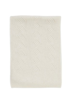 Cremfarbige gestrickte Decke mit einem strukturierten Wellenmuster, glatter Oberfläche und rechteckiger Form. Geeignet für weiche Möbel.