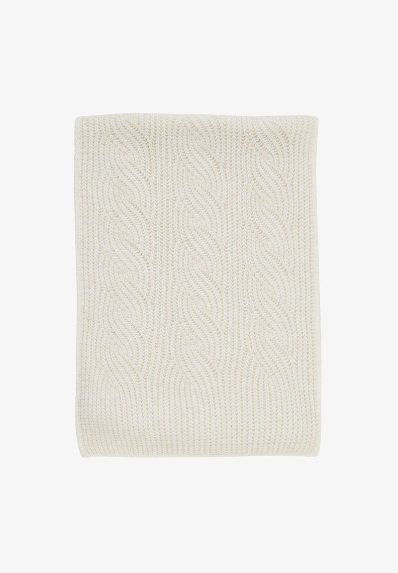 Cream-colored knitted blanket featuring a textured wave pattern, smooth finish, and rectangular shape. Suitable for soft furnishings.