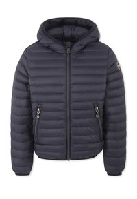 Giacca puffer blu navy con cappuccio, chiusura frontale con zip e due tasche laterali. Presenta una texture trapuntata e un accento con logo sulla manica sinistra.